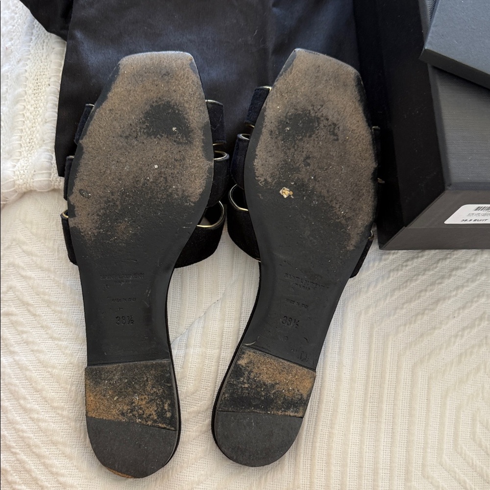 Saint Laurent Triumph Black Suede Slide Sandals with Gold Piping 38.5 - Picture 6 of 8